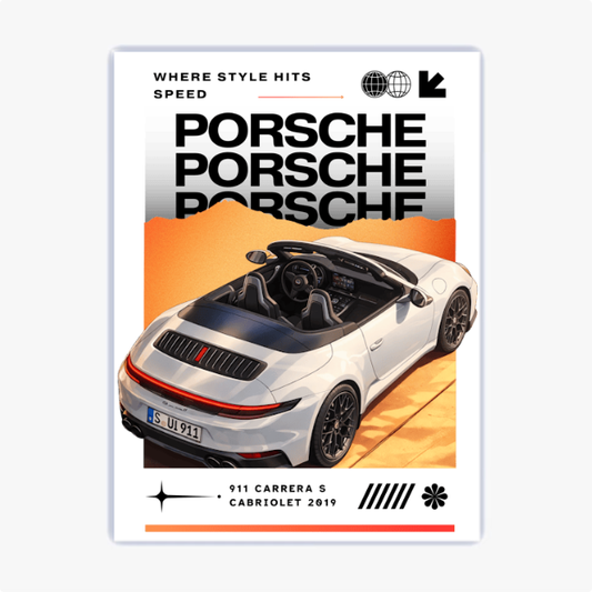 Quadro com estampa frontal de um carro Porsche 911 Carrera S Cabriolet 2019, repetição do nome Porsche, elementos gráficos e ícones estilizados.