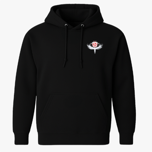 Moletom com estampa frontal de olho central com asas detalhadas e estampa traseira de olhos cercados por padrões abstratos e um texto estilizado.