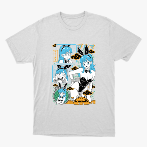 Camiseta com estampa frontal de personagem em estilo quadrinhos, mostrando várias expressões e poses, com elementos gráficos ao redor.
