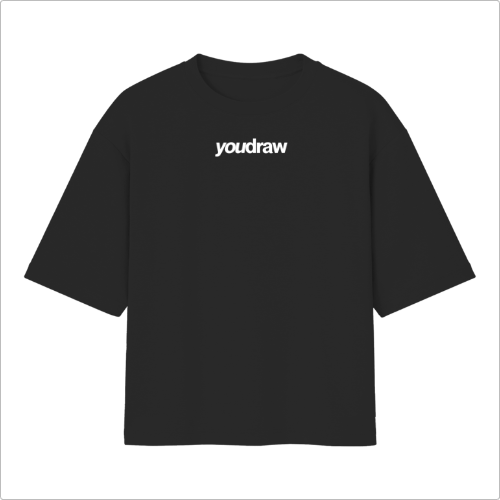 Camiseta com estampa frontal de "youdraw" e estampa traseira de figura humana em movimento com a palavra "INSPIRATION" e texto adicional embaixo.