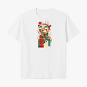 Camiseta com estampa frontal de um leão estilizado usando óculos, cercado por formas geométricas sobrepostas em um design moderno e artístico.