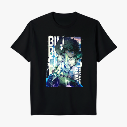 Camiseta com estampa frontal de personagem de anime segurando uma arma, cercado por letras estilizadas e efeitos luminosos, criando um visual dinâmico.