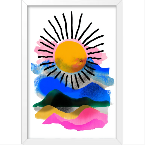Quadro com estampa de sol centralizado com raios pretos ao redor, sobrepondo pinceladas fluidas e abstratas com várias camadas e tons vibrantes.