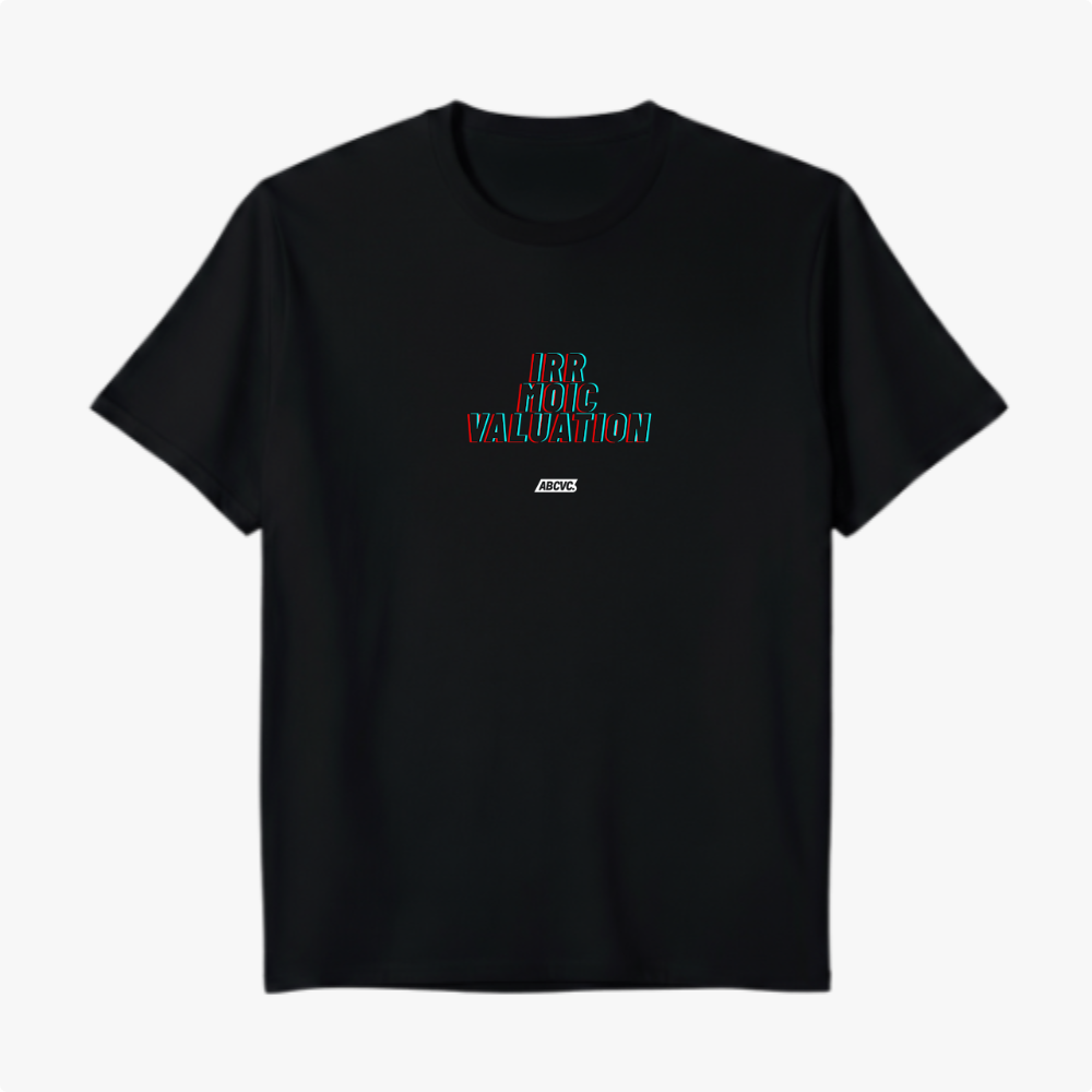 Camiseta com estampa frontal de texto tridimensional "IRR MOIC VALUATION" sobreposto, com efeito de sombra colorida e uma pequena inscrição "ABCVČ" abaixo.