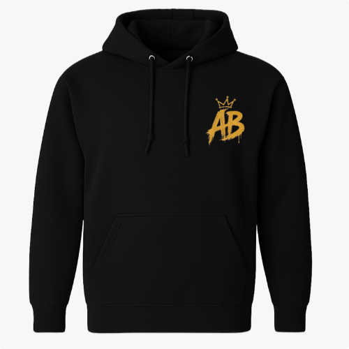 Moletom com estampa frontal de letras "AB" estilizadas com coroa e estampa traseira de personagem sorridente, vestido de preto, com cabelo trançado.