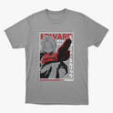 Camiseta com estampa frontal de personagem estilizado em tons de cinza e vermelho, com elementos de design geométrico e texto ao redor.