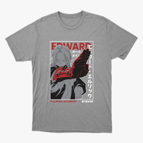 Camiseta com estampa frontal de personagem estilizado em tons de cinza e vermelho, com elementos de design geométrico e texto ao redor.