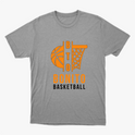 Camiseta com estampa frontal de uma bola de basquete e aro estilizados, acompanhados pelo texto "BONITO BASKETBALL" em letras chamativas.