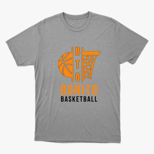 Camiseta com estampa frontal de uma bola de basquete e aro estilizados, acompanhados pelo texto "BONITO BASKETBALL" em letras chamativas.