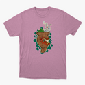 Camiseta com estampa frontal de um chimarrão estilizado com erva-mate, cuia e fumaça, rodeado por um fundo de formas orgânicas em contraste.