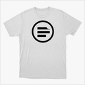 Camiseta com estampa frontal de um círculo contendo três barras horizontais e uma delas com um detalhe de mordida no canto superior esquerdo.