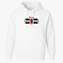 Moletom com estampa frontal de design geométrico com linhas curvas, cruz vermelha central e palavras "Kuarup" e "Xingu", e estampa traseira de texto vertical "Kuarup".