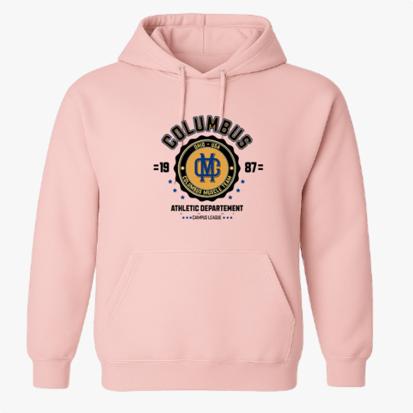 Moletom com estampa frontal de emblema esportivo centralizado, com texto "Columbus", ano "1987", estrelas e detalhes "Athletic Departement".