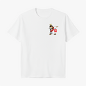 Camiseta com estampa frontal de pinguim dabbing vestido como anjo, usando auréola e segurando uma sacola vermelha com a palavra "angel".