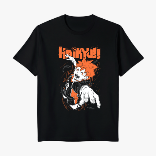 Camiseta com estampa frontal de um personagem de anime em ação, destacando-se com cabelos vibrantes sob um logotipo estilizado e dinâmico acima.