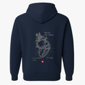 Moletom com estampa frontal de retângulo contendo texto estilizado e estampa traseira de coração anatômico detalhado acompanhado de frase inspiradora e referência.
