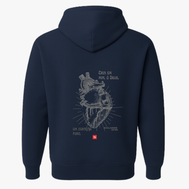 Moletom com estampa frontal de retângulo contendo texto estilizado e estampa traseira de coração anatômico detalhado acompanhado de frase inspiradora e referência.