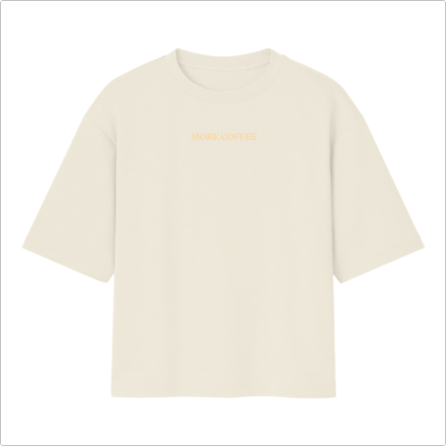 Camiseta com estampa frontal de texto minimalista "MORE COFFEE" e estampa traseira de um gato com expressão expressiva em um estilo artístico detalhado.
