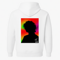 Moletom com estampa frontal de busto em perfil com efeito de distorção colorida e estampa traseira de silhueta sobre fundo multicolorido com linhas horizontais.