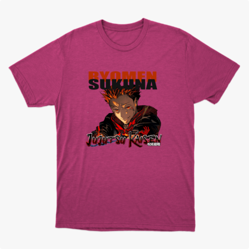 Camiseta com estampa frontal de personagem de anime com expressão intensa abaixo de texto grande e estilizado, incluindo título e caracteres japoneses.