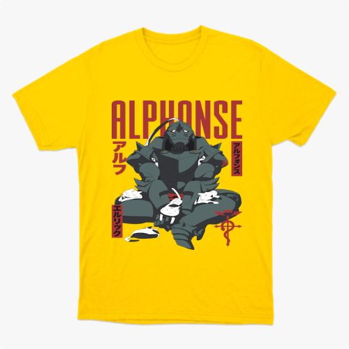 Camiseta com estampa frontal de uma figura robótica em posição sentada, cercada por pequenos coelhos e símbolos decorativos ao lado do texto "ALPHONSE".
