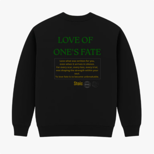 Moletom com estampa traseira de palavras "LOVE OF ONE'S FATE" em destaque, acompanhadas por um texto refletindo sobre aceitação e força interior.