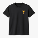 Camiseta com estampa frontal de troféu e estampa traseira de troféu grande acompanhado da frase "QUEM VENCER HERDARA TODAS ESSAS COISAS APOCALIPSE 21:7".