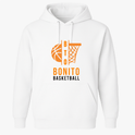 Moletom com estampa frontal de uma bola de basquete com linhas estilizadas ao lado de uma cesta, acompanhada das palavras "BTO BONITO BASKETBALL".