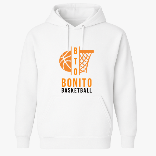 Moletom com estampa frontal de uma bola de basquete com linhas estilizadas ao lado de uma cesta, acompanhada das palavras "BTO BONITO BASKETBALL".