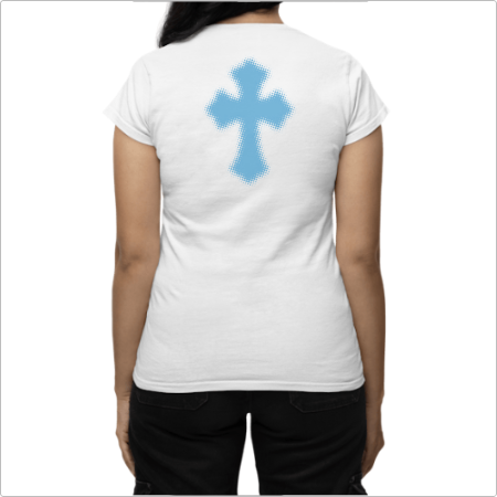 Camiseta com estampa frontal de texto estilizado "LIZZY CORP" acompanhado de um pequeno brilho e estampa traseira de uma cruz com detalhes pontilhados.