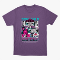 Camiseta com estampa frontal de personagem estilo mangá, com destaque para o olhar intenso acima de várias poses e figuras em ação, acompanhada por texto estilizado.