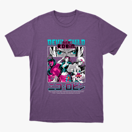 Camiseta com estampa frontal de personagem estilo mangá, com destaque para o olhar intenso acima de várias poses e figuras em ação, acompanhada por texto estilizado.