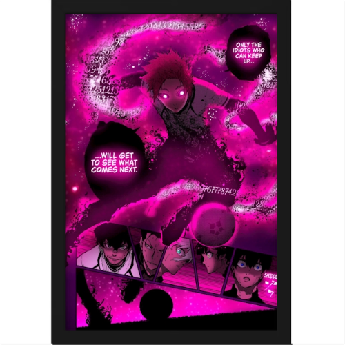 [quadro] com estampa de personagem central em posição dinâmica, rodeado por números e frases em balões, com rostos expressivos em cena abaixo.