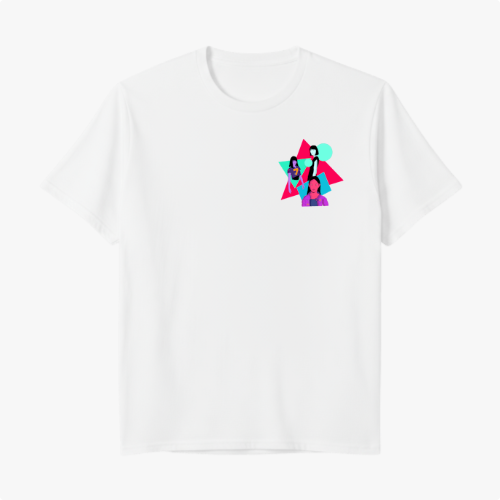 Camiseta com estampa frontal de figuras geométricas sobrepostas com silhuetas humanas e estampa traseira similar com posicionamento centralizado.