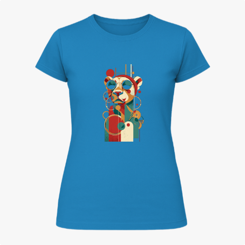Camiseta com estampa frontal de um panda estilizado em formas geométricas e óculos de sol, com um design moderno composto por linhas e círculos abstratos.