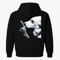 Moletom com estampa frontal de "NÃO GRITA" em letras destacadas e estampa traseira de um cachorro em imagem em preto e branco, gesto de silêncio.