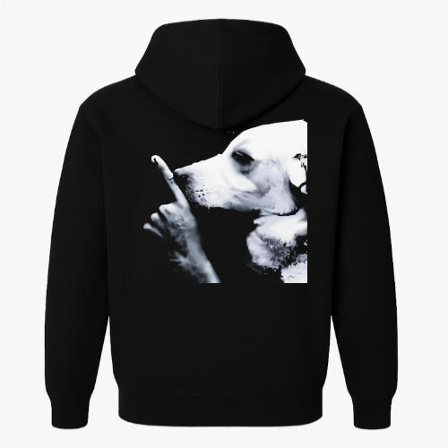 Moletom com estampa frontal de "NÃO GRITA" em letras destacadas e estampa traseira de um cachorro em imagem em preto e branco, gesto de silêncio.
