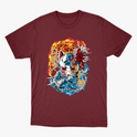 Camiseta com estampa frontal de máscara kitsune centralizada entre chamas e ondas, com kanjis japoneses e detalhes intricados de movimento e textura.