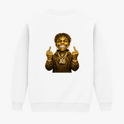 Moletom com estampa frontal de assinatura estilizada e coroa acima, e estampa traseira de personagem sorridente coberto de glitter dourado, usando colares.
