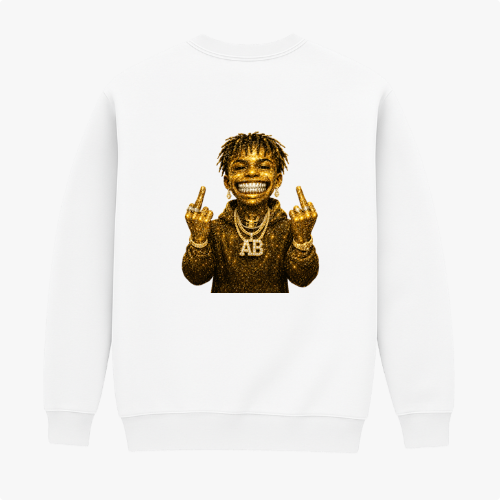 Moletom com estampa frontal de assinatura estilizada e coroa acima, e estampa traseira de personagem sorridente coberto de glitter dourado, usando colares.