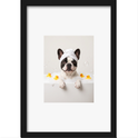 Quadro com estampa frontal de bulldog francês em cenário de banho com patos de borracha e bolhas ao redor, transmitindo um toque divertido.