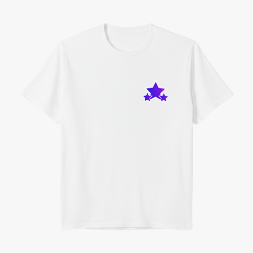 Camiseta com estampa frontal de três estrelas sobrepostas de tamanhos variados e estampa traseira de colagem fotográfica artística com texto "Starboy".