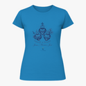 Camiseta com estampa frontal de três corações entrelaçados com símbolos religiosos e texto abaixo "Jesus, Maria e José", acompanhados de desenhos detalhados.