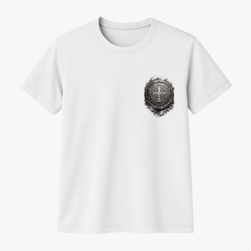 Camiseta com estampa frontal de símbolo circular ornamentado com detalhes intrincados e estampa traseira de texto sobreposto por símbolo em cima.