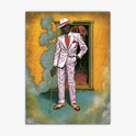 Quadro com estampa de um homem em terno listrado, chapéu e bengala, posicionado em frente a uma porta, envolto por nuvens de fumaça colorida.