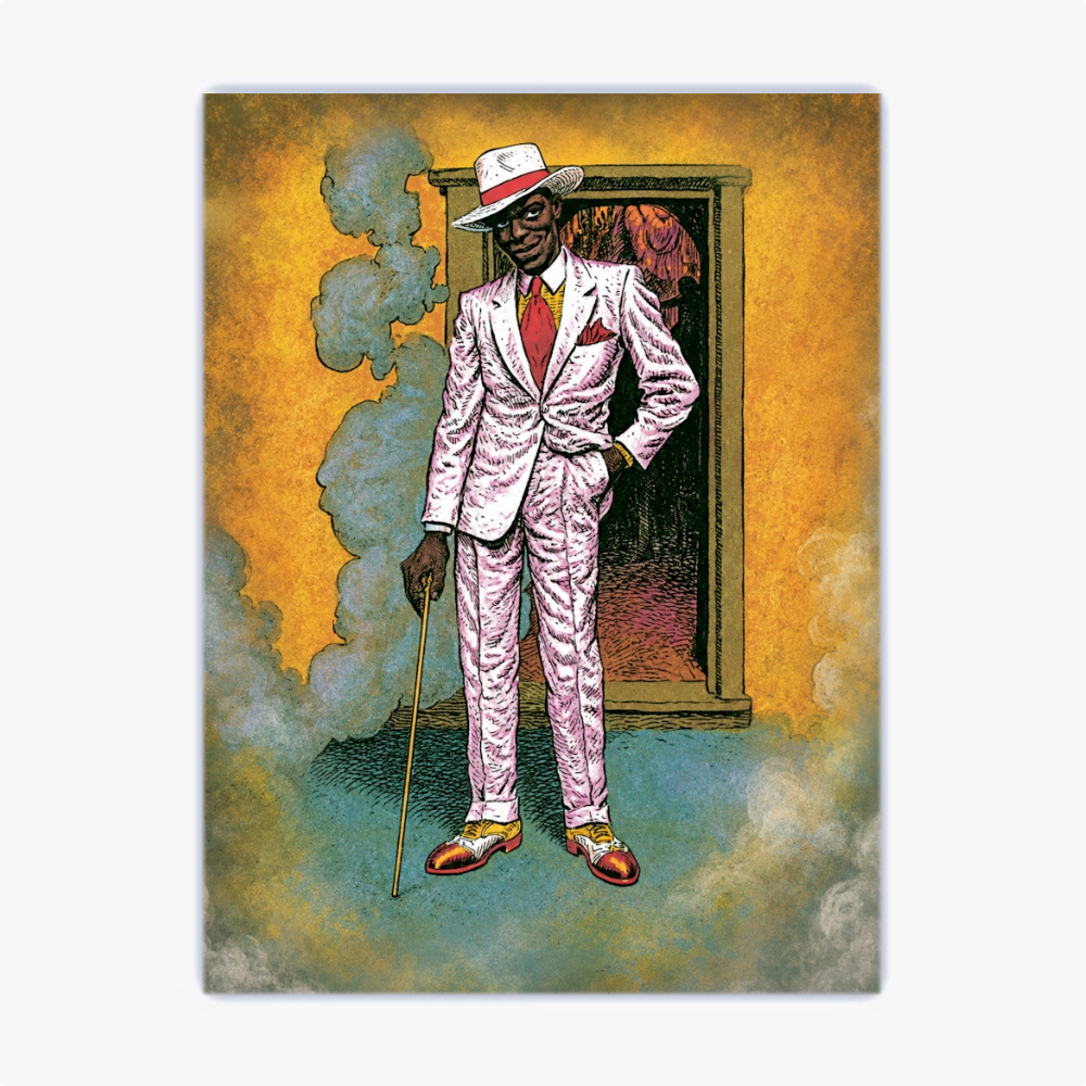 Quadro com estampa de um homem em terno listrado, chapéu e bengala, posicionado em frente a uma porta, envolto por nuvens de fumaça colorida.