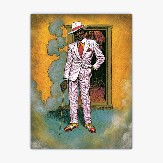 Quadro com estampa de um homem em terno listrado, chapéu e bengala, posicionado em frente a uma porta, envolto por nuvens de fumaça colorida.