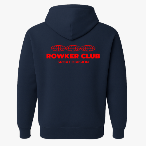 Moletom com estampa frontal de texto "ROWKER CLUB SPORT DIVISION" e estampa traseira de texto idêntico abaixo de três esferas estilizadas.