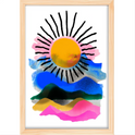 Quadro com estampa de sol centralizado com raios pretos ao redor, sobrepondo pinceladas fluidas e abstratas com várias camadas e tons vibrantes.