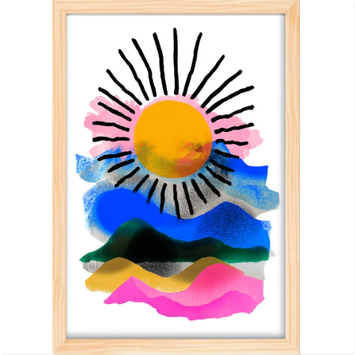 Quadro com estampa de sol centralizado com raios pretos ao redor, sobrepondo pinceladas fluidas e abstratas com várias camadas e tons vibrantes.
